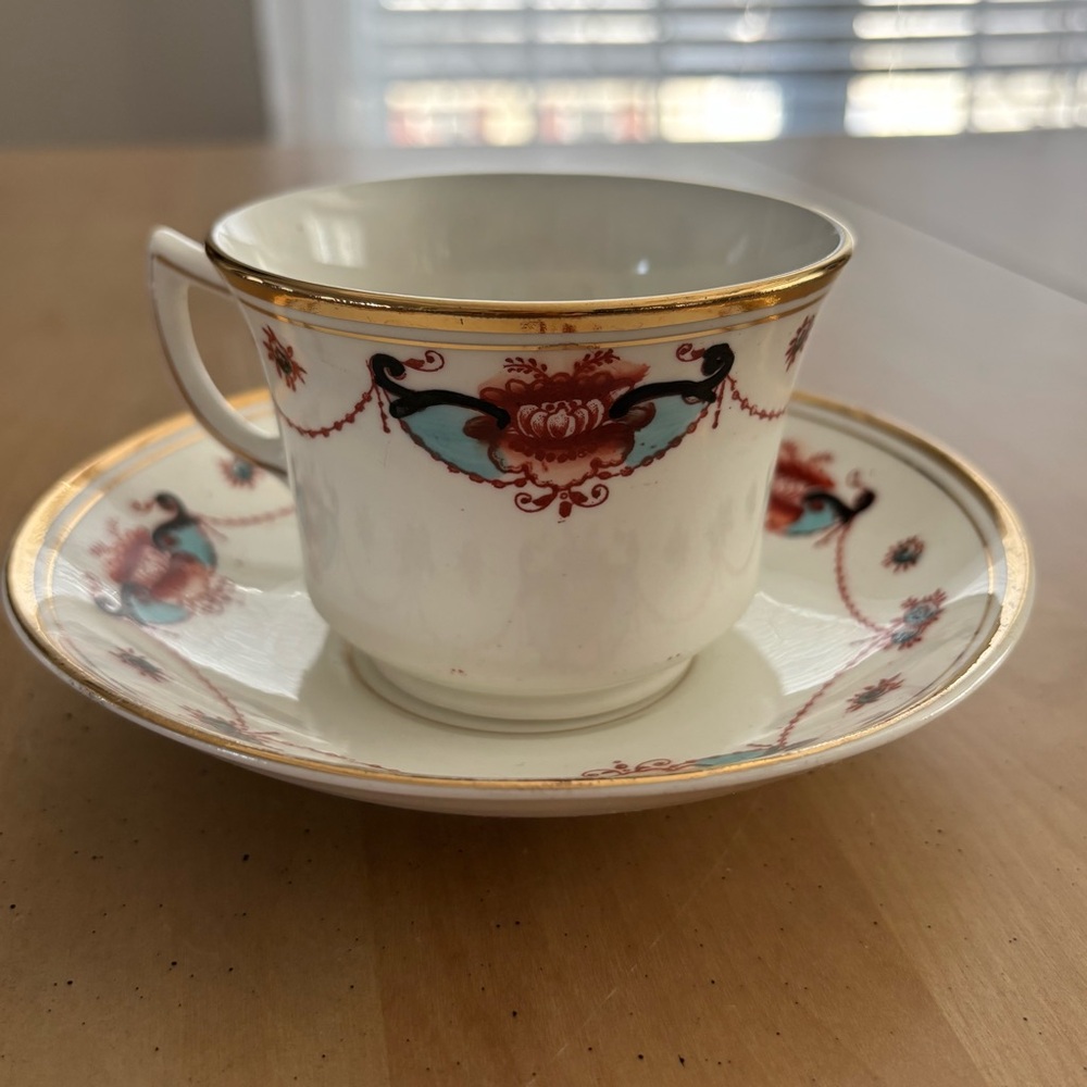 STANLEY CHINA England. Teacup & saucer Set. Multicolor w/ Gold Trim. Fast Ship.